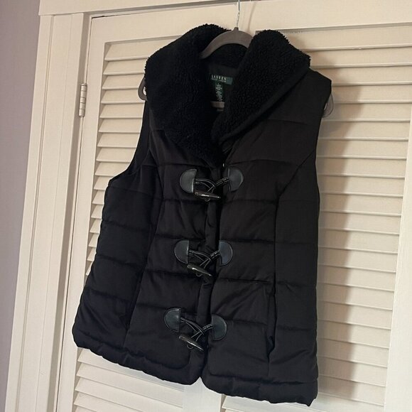 Lauren Ralph Lauren women's large quilted puffer vest toggles fleece black - Picture 2 of 8